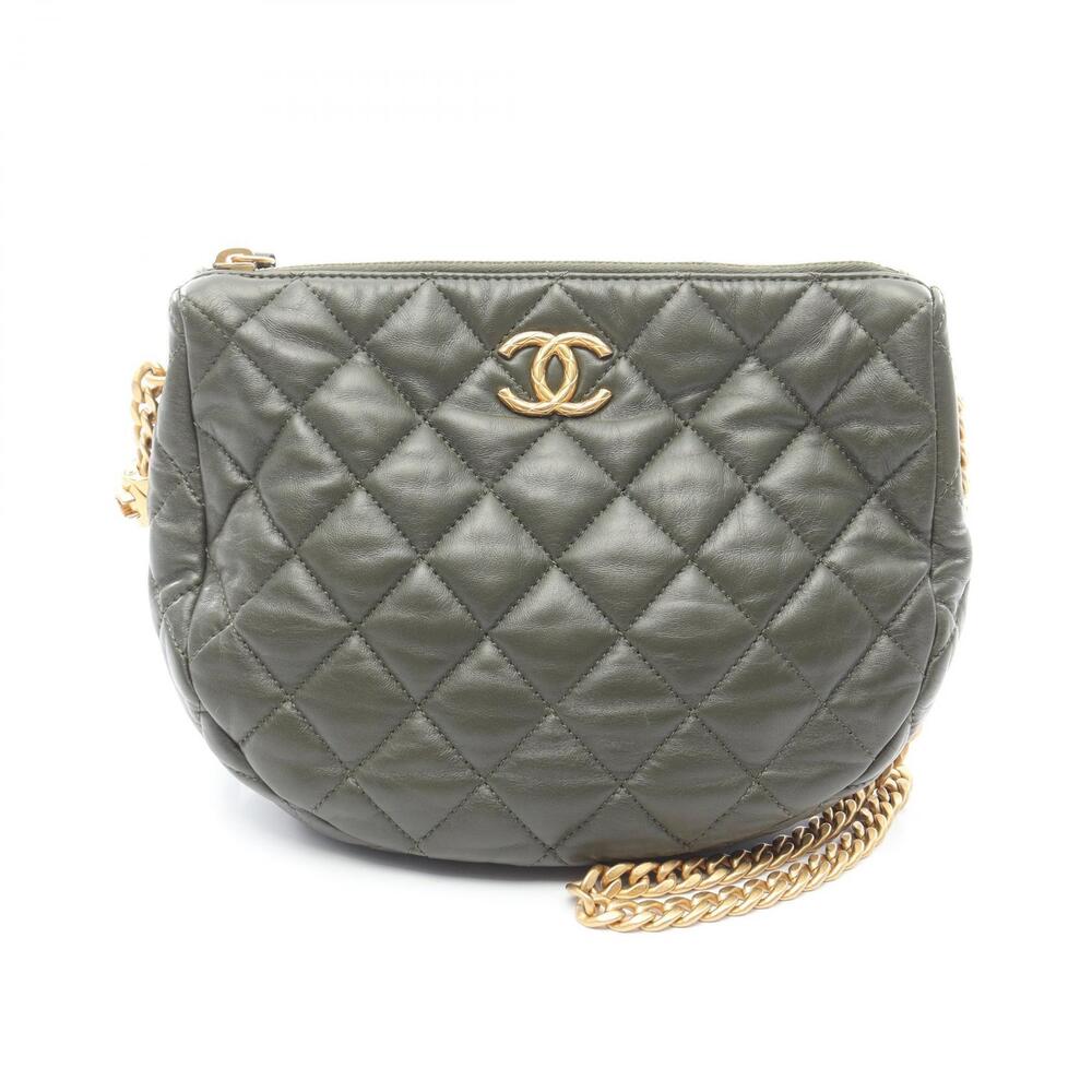 Chanel Matelasse Chain Hobo Bag Shoulder Lambskin Sheepskin Leather Khaki Green